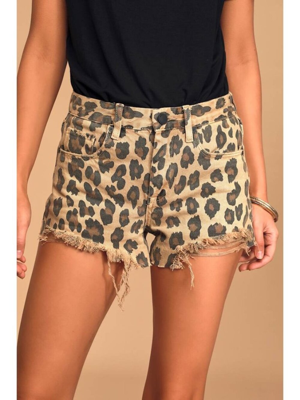 Blank NYC The Barrow Brown Leopard Print High Rise Distressed Denim Shorts Sz 27